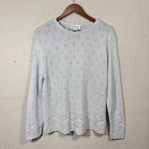Vtg 90s Carly Blake Sweater Lg Pointelle Crochet Lace USA Cottage Garden Granny